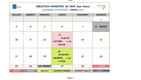 Calendari d'activitats de la biblioteca